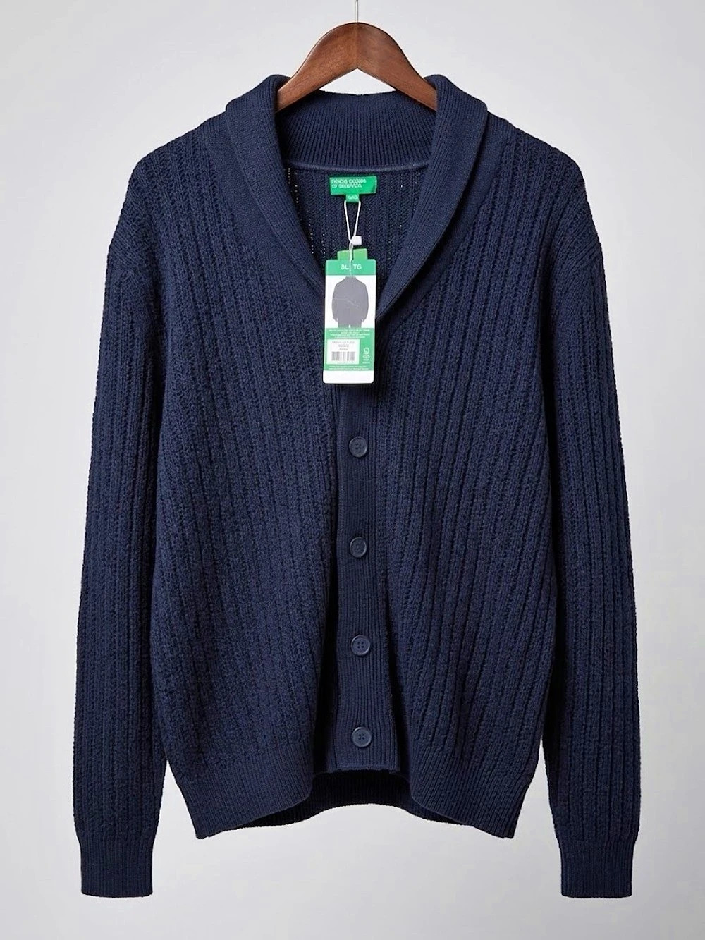 United Colors of Benetton Mens XL Navy Blue Ribbed Knit Shawl Collar Cardigan
